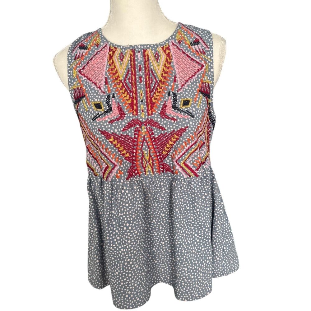 Entro Tank Womens‎ Small Blue Polka Dot Embroidered Boho Festival Tunic Top